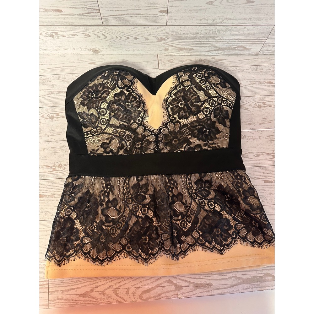 Y2K Body Central  Strapless Lace Coquiette Peplum Top Black Nude Sweetheart‎ S